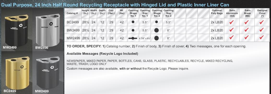 Glaro BC2499 Recyling Receptacle - Recyclepro Dual Stream - Half Round Collection - Bottles & Cans Openings