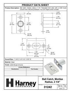 Product Data Specification Sheet Of A Cabinet Ball Catch, Mortise - Chrome Finish - Product Number 31242