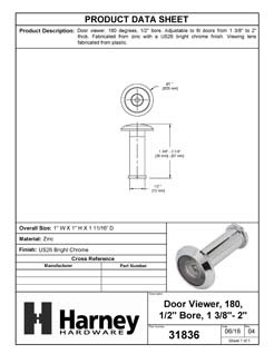 Product Data Specification Sheet Of A Door Peephole Viewer, 1/2 In. Bore 180 Degree Viewer - Chrome Finish - Product Number 31836