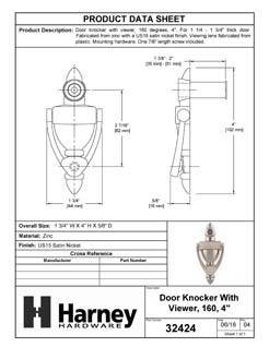 Product Data Specification Sheet Of A Door Knocker Viewer, 4 In. With 1/2 In. Bore 160 Degree Viewer - Satin Nickel Finish - Product Number 32424