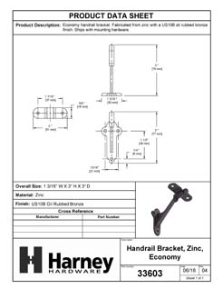 Product Data Specification Sheet Of A Handrail Bracket - Oil Rubbed Bronze Finish - Product Number 33603