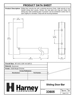 Product Data Specification Sheet Of A Sliding Door Security Bar - Chrome Finish - Product Number 33605