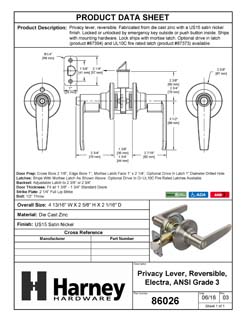 Product Data Specification Sheet Of A Door Lever Set Bed / Bath / Privacy Function Electra Collection - Satin Nickel Finish - Product Number 86026