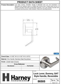 Product Data Specification Sheet Of A Commercial Door Lever Inactive / Dummy Function, UL Fire Rated, ANSI 2, Vigilant Collection - Satin Chrome Finish - Product Number 86505