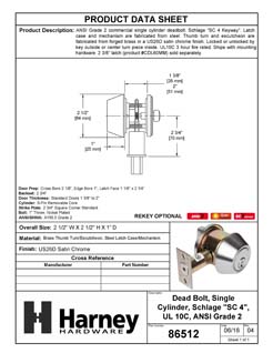 Product Data Specification Sheet Of A Commercial Deadbolt Single Cylinder, UL Fire Rated, ANSI 2 Function, UL Fire Rated, ANSI 2, Vigilant Collection - Satin Chrome Finish - Product Number 86512