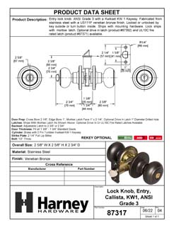 Product Data Specification Sheet Of A Door Knob Set Keyed / Entry Function Callista Collection - Venetian Bronze Finish - Product Number 87317