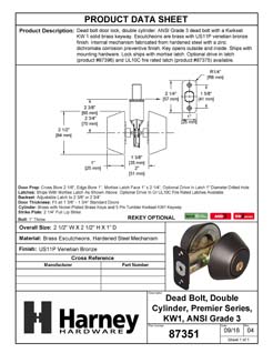 Product Data Specification Sheet Of A Keyed Double Cylinder Deadbolt - Venetian Bronze Finish - Product Number 87351