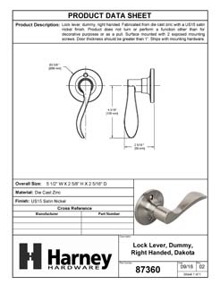 Product Data Specification Sheet Of A Door Lever Inactive / Dummy Function Dakota Collection - Satin Nickel Finish - Product Number 87360