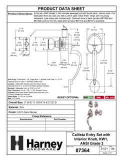 Product Data Specification Sheet Of A Front Door Handleset With Interior Door Knob Contemporary Style Callista Collection - Satin Nickel Finish - Product Number 87364