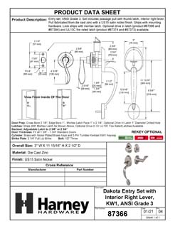 Product Data Specification Sheet Of A Front Door Handleset With Interior Right Handed Lever Dakota Collection - Satin Nickel Finish - Product Number 87366
