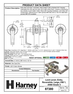 Product Data Specification Sheet Of A Door Lever Set Keyed / Entry Function Largo Collection - Satin Nickel Finish - Product Number 87380