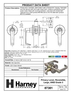 Product Data Specification Sheet Of A Door Lever Set Bed / Bath / Privacy Function Largo Collection - Satin Nickel Finish - Product Number 87381