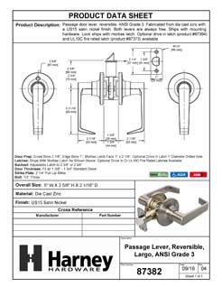 Product Data Specification Sheet Of A Door Lever Set Closet / Hall / Passage Function Largo Collection - Satin Nickel Finish - Product Number 87382