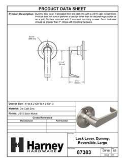 Product Data Specification Sheet Of A Door Lever Inactive / Dummy Function Largo Collection - Satin Nickel Finish - Product Number 87383