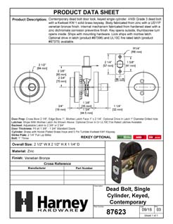 Product Data Specification Sheet Of A Keyed Single Cylinder Contemporary Deadbolt, Round Escutcheon - Venetian Bronze Finish - Product Number 87623