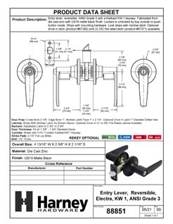 Product Data Specification Sheet Of A Door Lever Set Keyed / Entry Function Electra Collection - Matte Black Finish - Product Number 88851