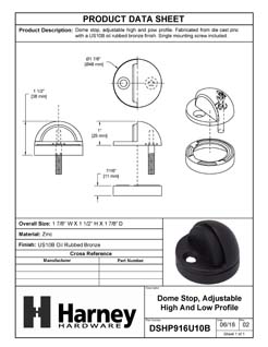 Product Data Specification Sheet Of A Dome Stop, Adjustable High And Low Profile - Oil Rubbed Bronze Finish - Product Number DSHP916U10B
