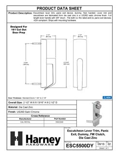 Product Data Specification Sheet Of A Panic Exit Device Dummy / Inactive Function Escutcheon Lever Trim - Satin Chrome Finish - Product Number ESC5500DY