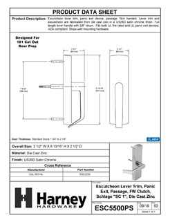 Product Data Specification Sheet Of A Panic Exit Device Passage/ Hallway Function Escutcheon Lever Trim - Satin Chrome Finish - Product Number ESC5500PS