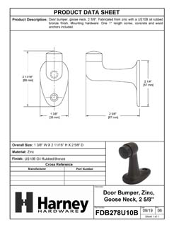 Product Data Specification Sheet Of A Goose Neck Floor Stop, 2 5/8 In. High - Oil Rubbed Bronze Finish - Product Number FDB278U10B