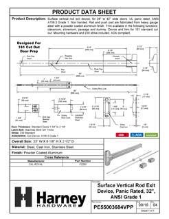 Product Data Specification Sheet Of A Vertical Rod Exit Device, UL Panic Rated, ANSI 1, 32 In. X 84 In. - Powder Coated Aluminum Finish - Product Number PE55003684VPP