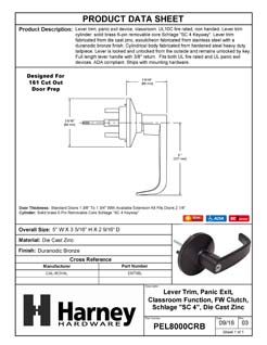 Product Data Specification Sheet Of A Panic Exit Device Classroom / Keyed Function Lever Trim - Bronze Finish - Product Number PEL8000CRB