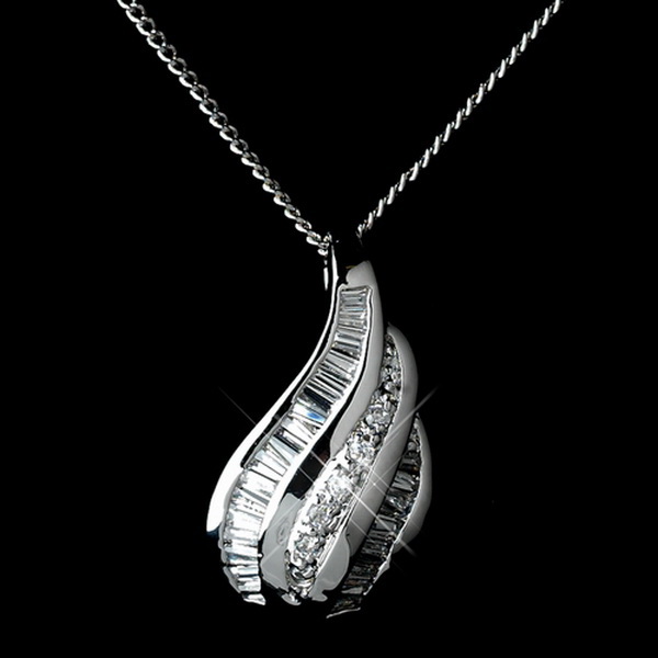 Elegance by Carbonneau Antique Rhodium Silver Clear CZ Crystal Baguette Pendent Necklace & Earrings Jewelry Set 7753