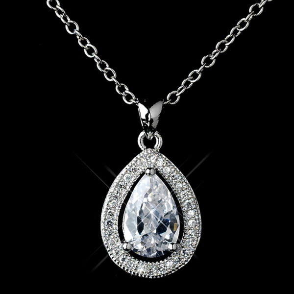 Elegance by Carbonneau Antique Rhodium Silver Clear CZ Crystal Teardrop Pendent Necklace & Teardrop Leverback Dangle Earrings Jewelry Set 7740