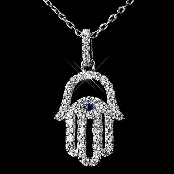 Elegance by Carbonneau Antique Rhodium Silver Clear w/ Sapphire Center Hamsa Evil Eye Hand Middle Eastern Arabic CZ Crystal Pendent Necklace 7734
