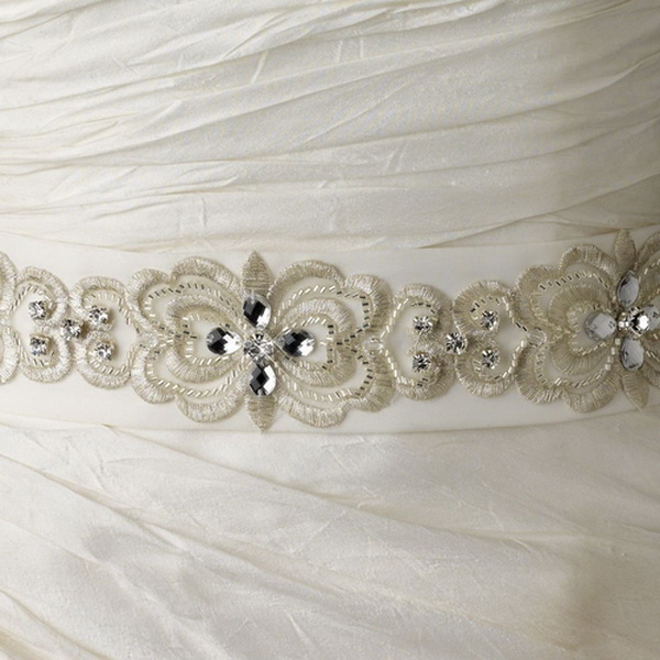 Elegance by Carbonneau Belt-250-M Floral Embroidered Belt 250 with Rhinestones, Beads & Swarovski Crystal Beads