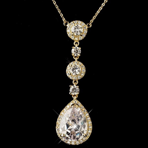 Elegance by Carbonneau N-8623-E-8676-G-CL Gold Clear Round & Teardrop CZ Crystal Necklace 8623 & Earrings 8676 Jewelry Set