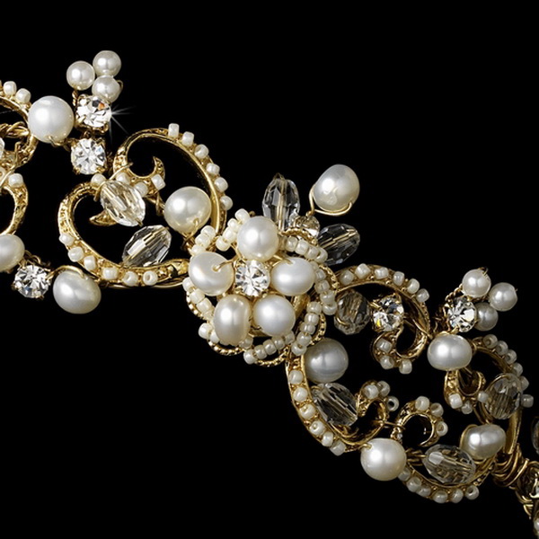Elegance by Carbonneau Gold Clear Swarovski Crystal, Rhinestone & Freshwater Pearl Tiara Headpiece 1090