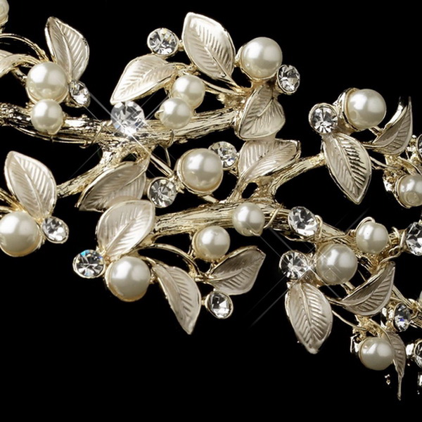 Elegance by Carbonneau HP-1542-LG-IV Light Gold Ivory Pearl & Rhinestone Vine Side Headband 1542