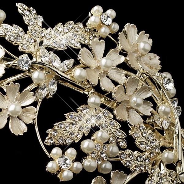 Elegance by Carbonneau HP-1534-LG-IV Lt Gold Champagne Rhinestone & Ivory Pearl Floral Side Headband 1534