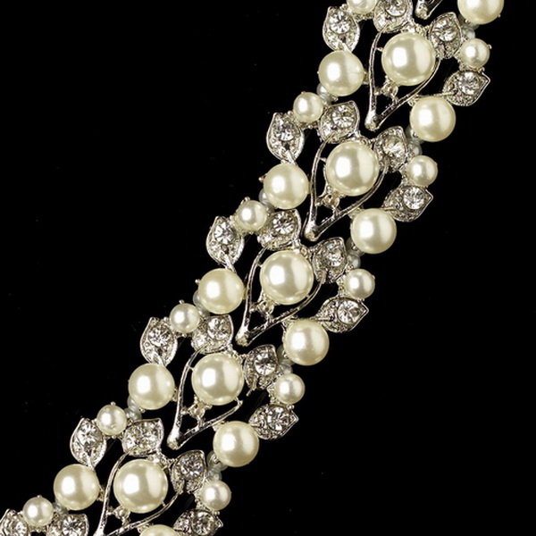 Elegance by Carbonneau Elastic-4-RD-DW Rhodium Diamond White Pearl & Rhinestone Black Elastic Headband 4