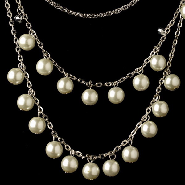 Elegance by Carbonneau NE-82028-RD-DW Rhodium Diamond White Pearl & Smoke Beaded Fashion Jewelry Set 82028