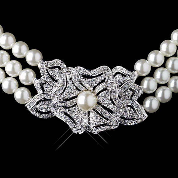 Elegance by Carbonneau N-76010-E-76012-RD-IV Rhodium Ivory Pearl & Rhinestone Necklace 76010 & Earrings 76012 Vintage Floral Jewelry Set