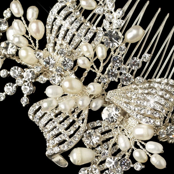Elegance by Carbonneau Comb-20-S-FW Silver Clear Rhinestone & Freshwater Pearl Bow Hair Comb 20