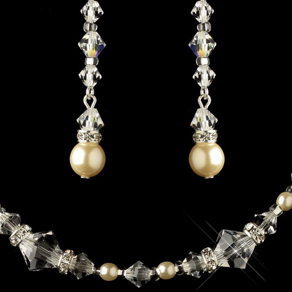 Elegance by Carbonneau N-9713-E-9718-S-IV Silver Ivory Pearl & Swarovski Crystal Bead Necklace 9713 & Earrings 9718 Jewelry Set