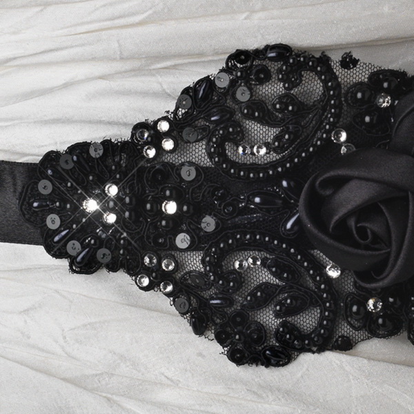 Elegance by Carbonneau Belt-1-Black Black Floral Bead & Sequin Sash Belt 1