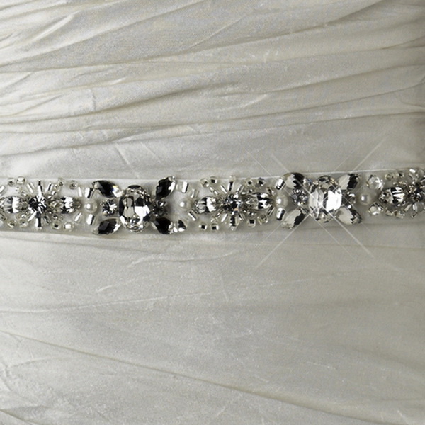 Elegance by Carbonneau Belt-44 * Pearl, Rhinestone & Bugle Beaded Bridal Sash Belt 44