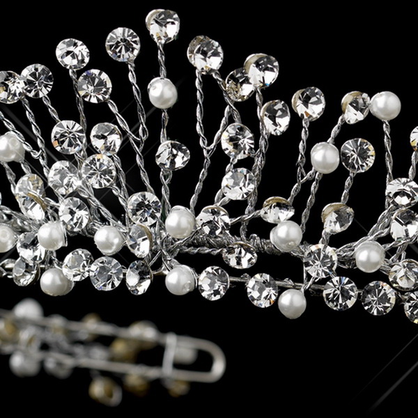 Elegance by Carbonneau HP-9710-AS-DW Antique Silver Diamond White Pearl & Rhinestone Tiara Headpiece 9710
