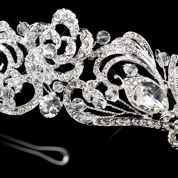 Elegance by Carbonneau HP-9712-S-Clear Silver Clear Swarovski Crystal Bead & Rhinestone Floral Swirl Tiara Headpiece 9712