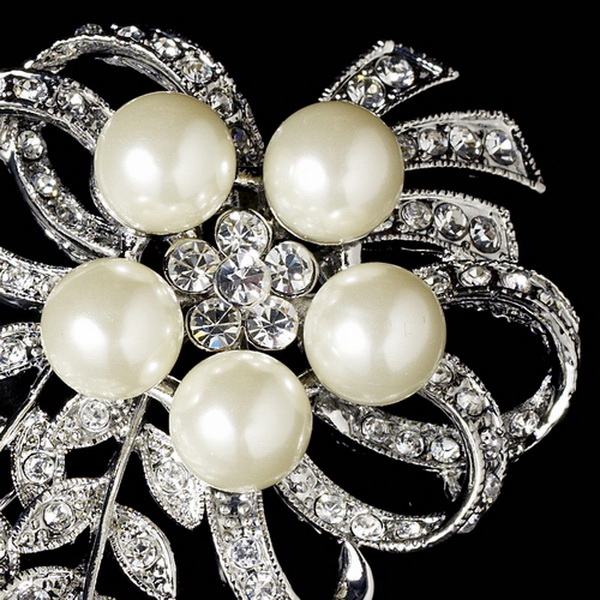 Elegance by Carbonneau Brooch-35-AS-DW Antique Silver Rhinestone & Diamond White Pearl Vintage Vine Bouquet Bridal Brooch 35