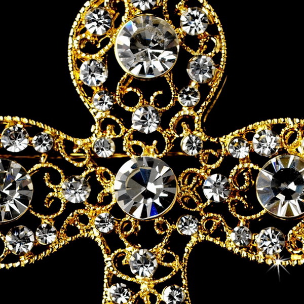 Elegance by Carbonneau Brooch-105-G-Clear Gold Clear Rhinestones Cross Brooch 105