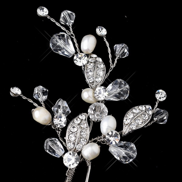 Elegance by Carbonneau Pin-11202-S-FW Silver Freshwater Ivory Pearl & Swarovski Crystal Leaf Pin 11202