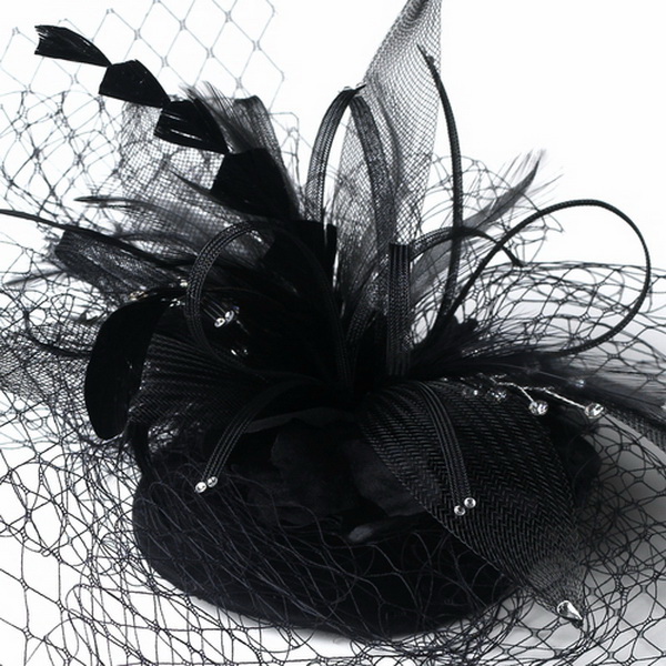 Elegance by Carbonneau HP-8366-Black Black Feather Swarovski Cocktail Party Hat & Birdcage Veil 8366