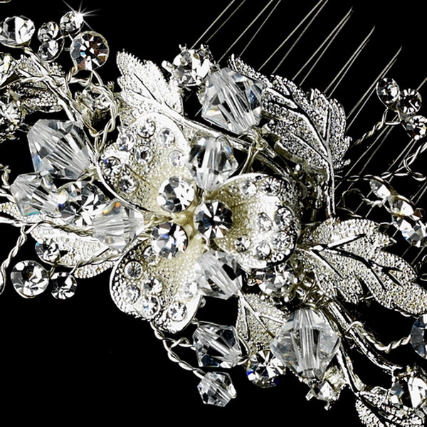 Elegance by Carbonneau Comb-9802 Glistening Silver Floral Bridal Comb w/ Clear Rhinestones & Swarovski Crystals 9802