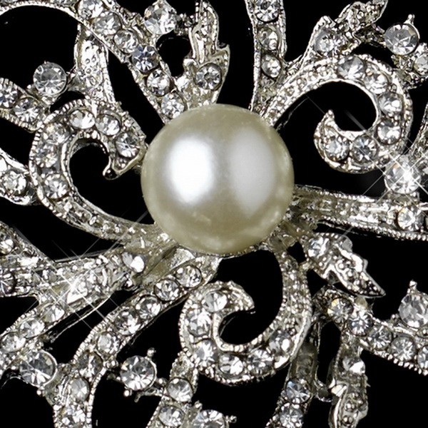Elegance by Carbonneau Brooch-30624-AS-DW Antique Silver Clear Diamond White Pearl Brooch 30624