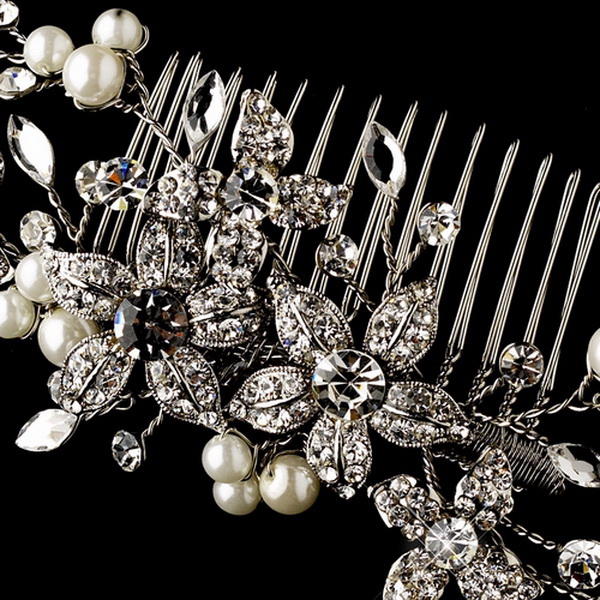 Elegance by Carbonneau Comb-597-Antique-Silver Rhinestone & Pearl Vintage Floral Vine Bridal Hair Comb 597